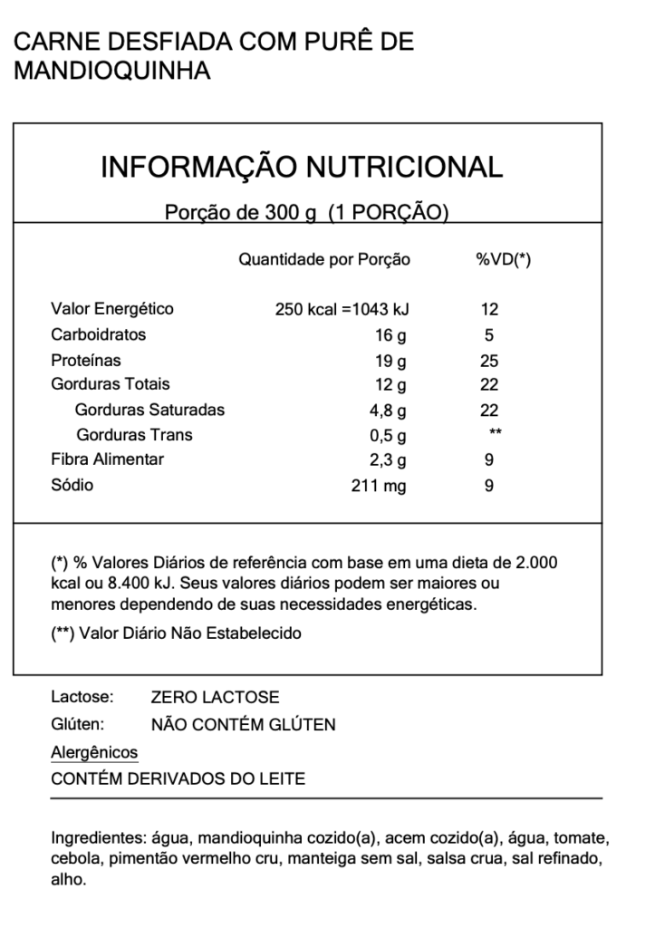 Tabela Nutricional - Carne desfiada com purê de mandioquinha