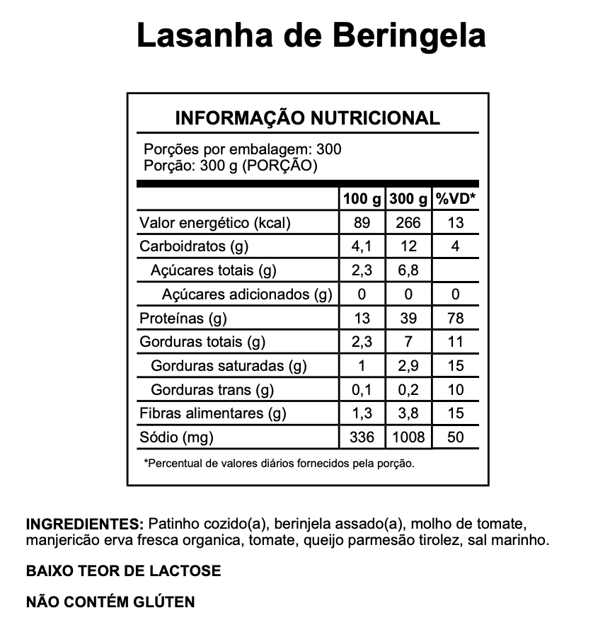 Tabela Nutricional - Lasanha de Beringela