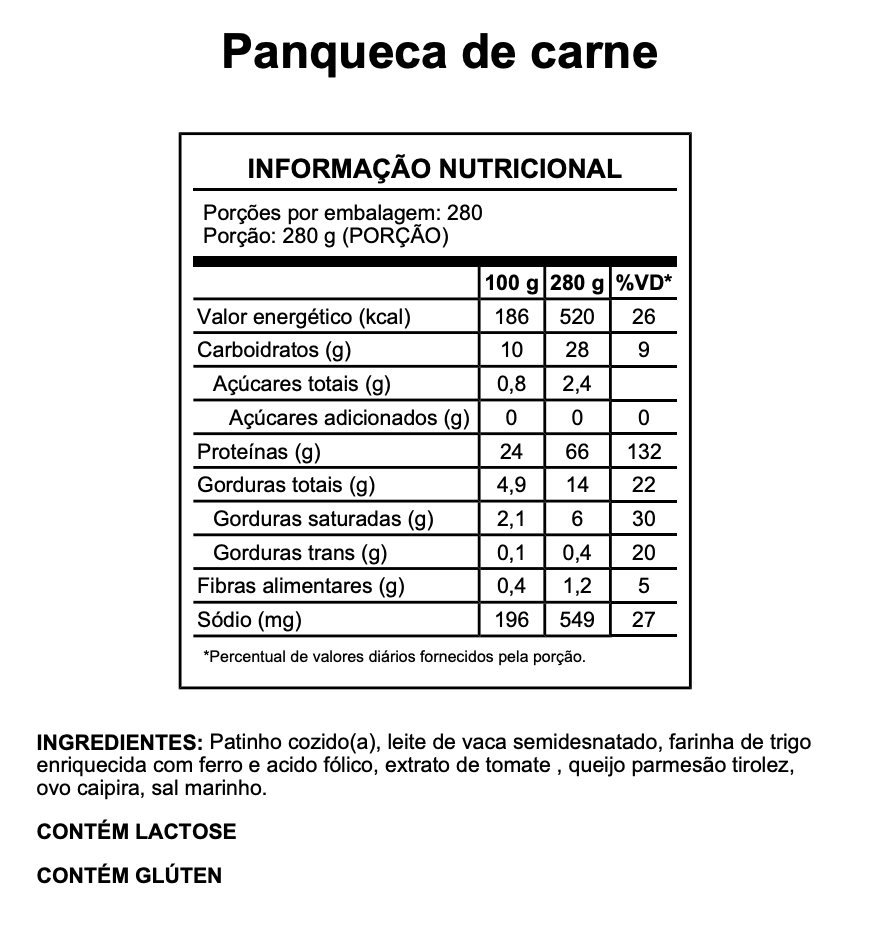 Panqueca de Carne - Tabela Nutricional